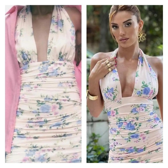 ZARA Light Pink Floral Halter Neck Open Back Ruched Bodycon Mini Dress Medium - Picture 8 of 14